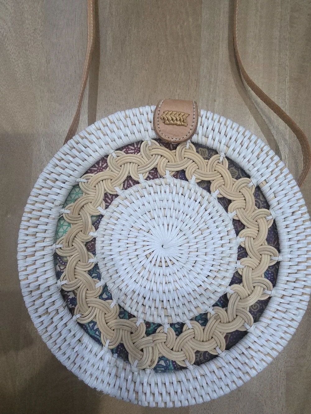 Amerii Handwoven White Rattan Medallion Crossbody Bag with Batik Lining